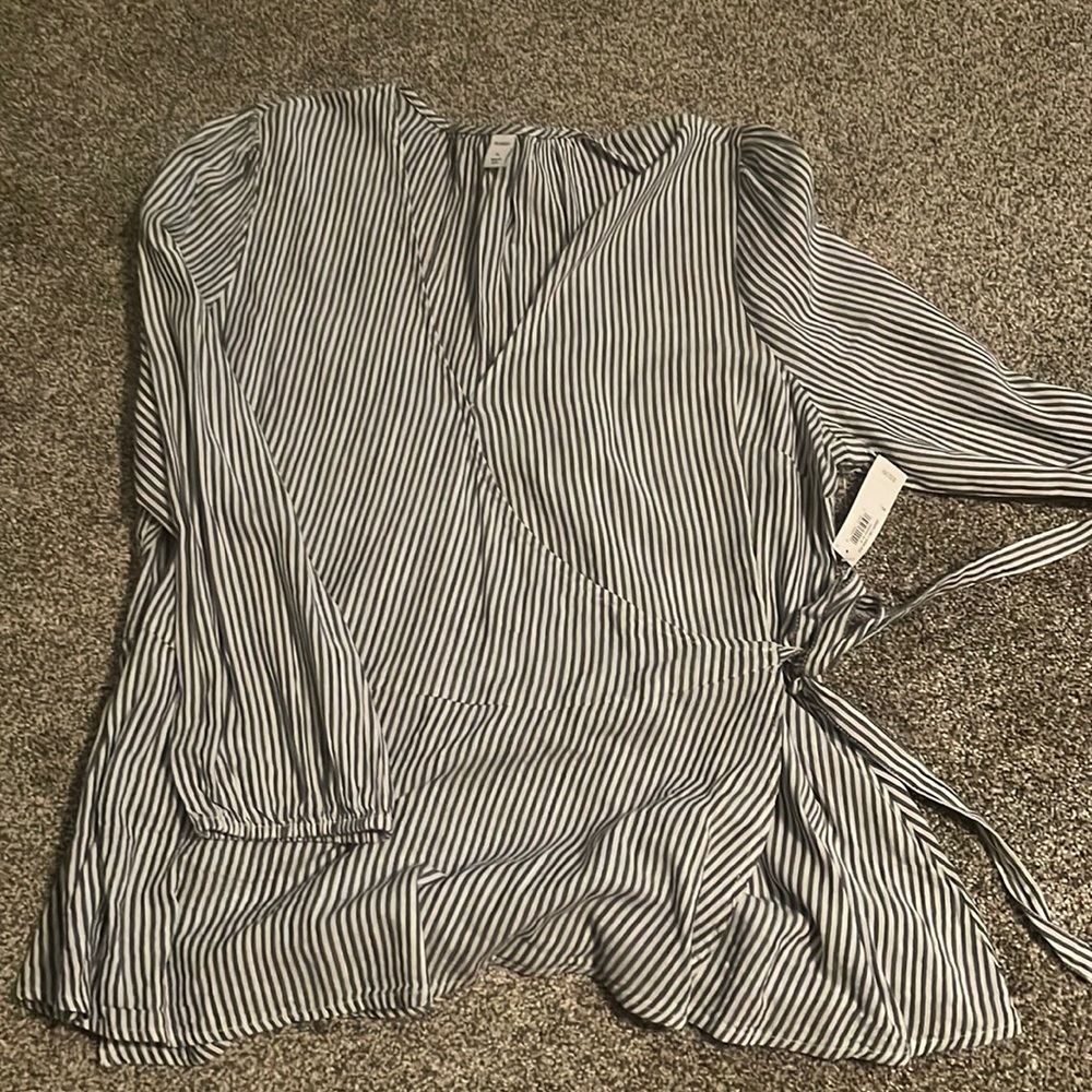 Old Navy, navy and white striped wrap shirt.
